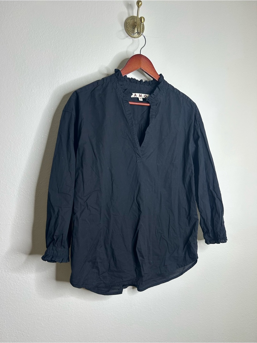 AMO Black Cotton Poplin Ruffle Collar Popover Long Sleeve Blouse Size Small